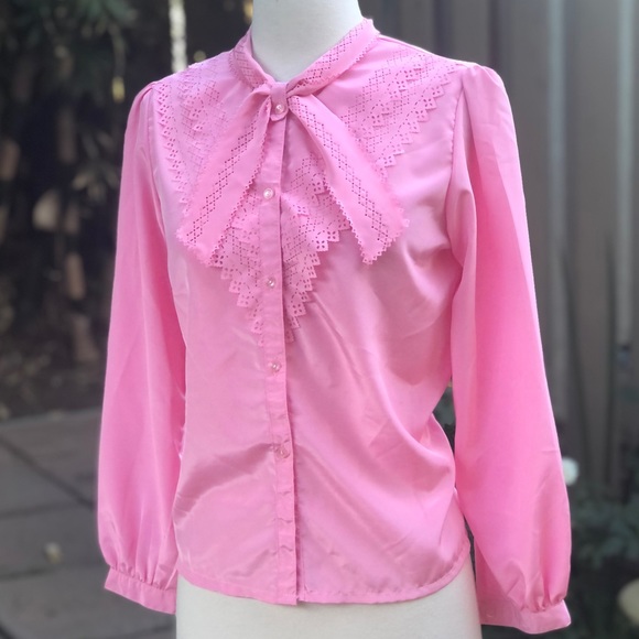 Vintage Tops - Vintage Laser-Cut Pussy Bow Blouse